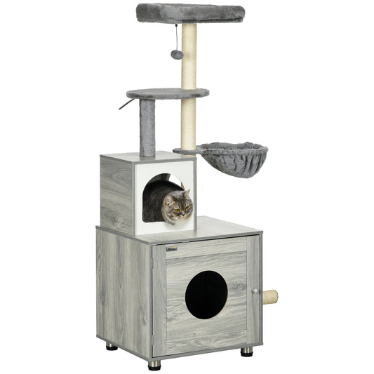 Photo of PawHut Enclosed Cat Litter Box with Cat House, Cat Bed, Scratching Posts, Platforms, for Indoor Cats - Grey in Grey colour on a white background