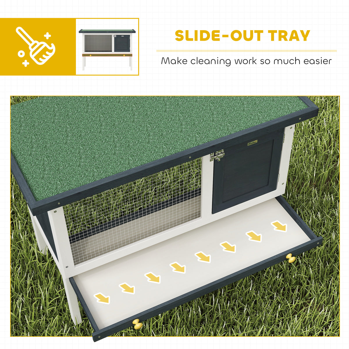 PawHut rabbit hutch with a slide-out cleaning tray beneath the mesh run