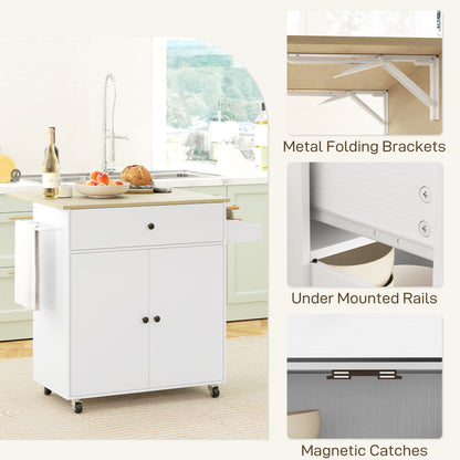 White rolling kitchen island with detail views of folding brackets, drawer rails, and catches