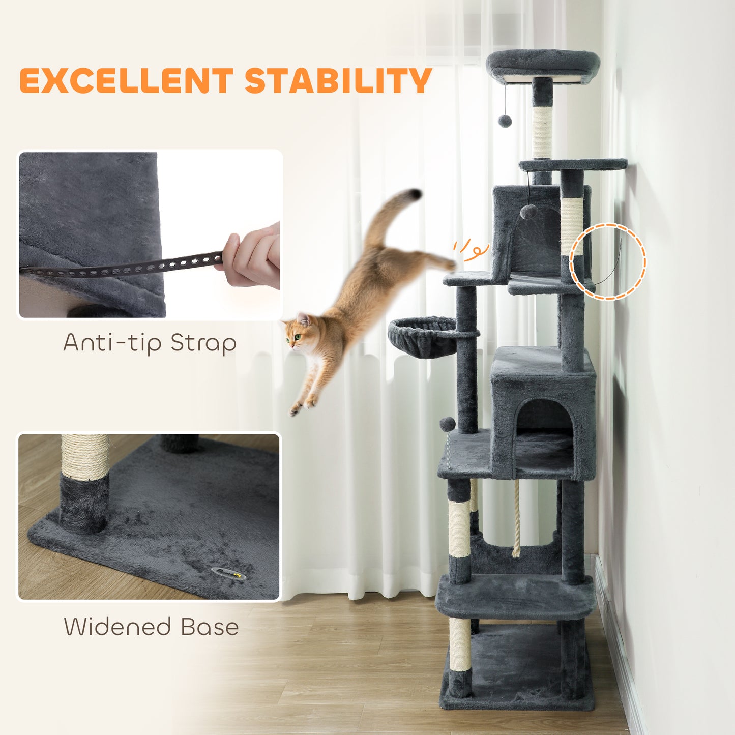 PawHut 202cm Large Cat Tree with 6 Scratching Posts, 2 Hammocks, 2 Condos, 2 Perches, Pompoms, for Indoor Cats to Rest and Play