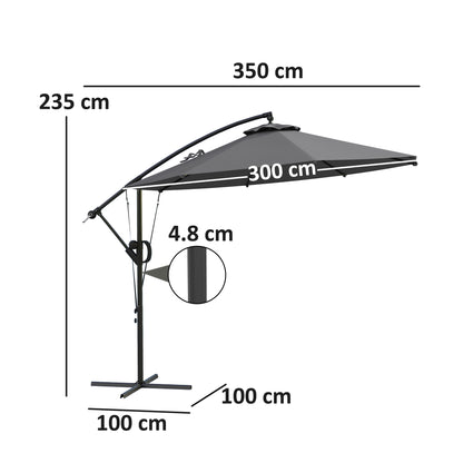 Cantilever patio umbrella with 300 cm canopy and dimension labels