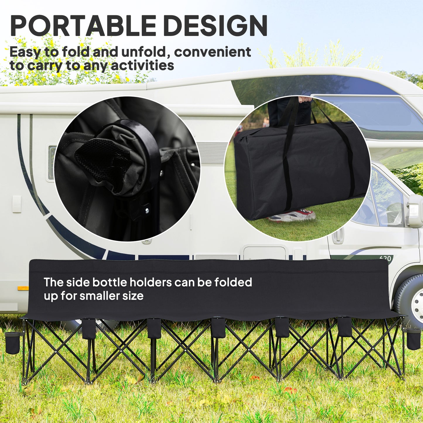 Outsunny 6 Seater Folding Camping Chair with Cup Holder & Carry Bag - Black