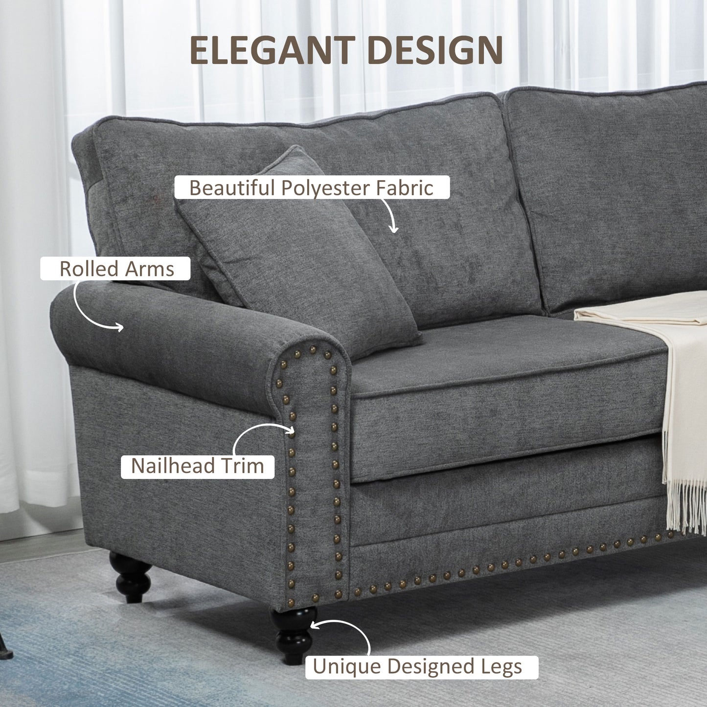 HOMCOM 196cm 3 Seater Sofa, Fabric Sofa with Rubber Wood Legs, Nailhead Trim, 2 Pillows, Small Upholstered Couch Settee for Living Room, Guest Room, Grey
