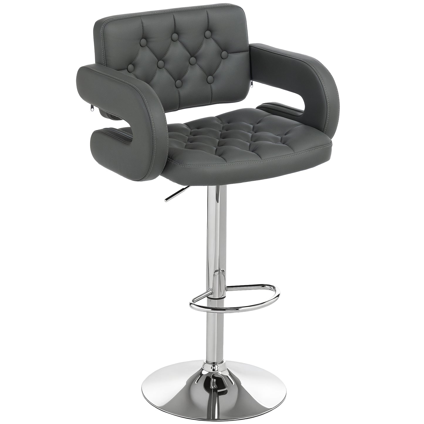Photo of HOMCOM PU Leather Upholstered Swivel Bar Stool, Height Adjustable with Back, Armrest, Footrest, Grey in Grey colour on a white background