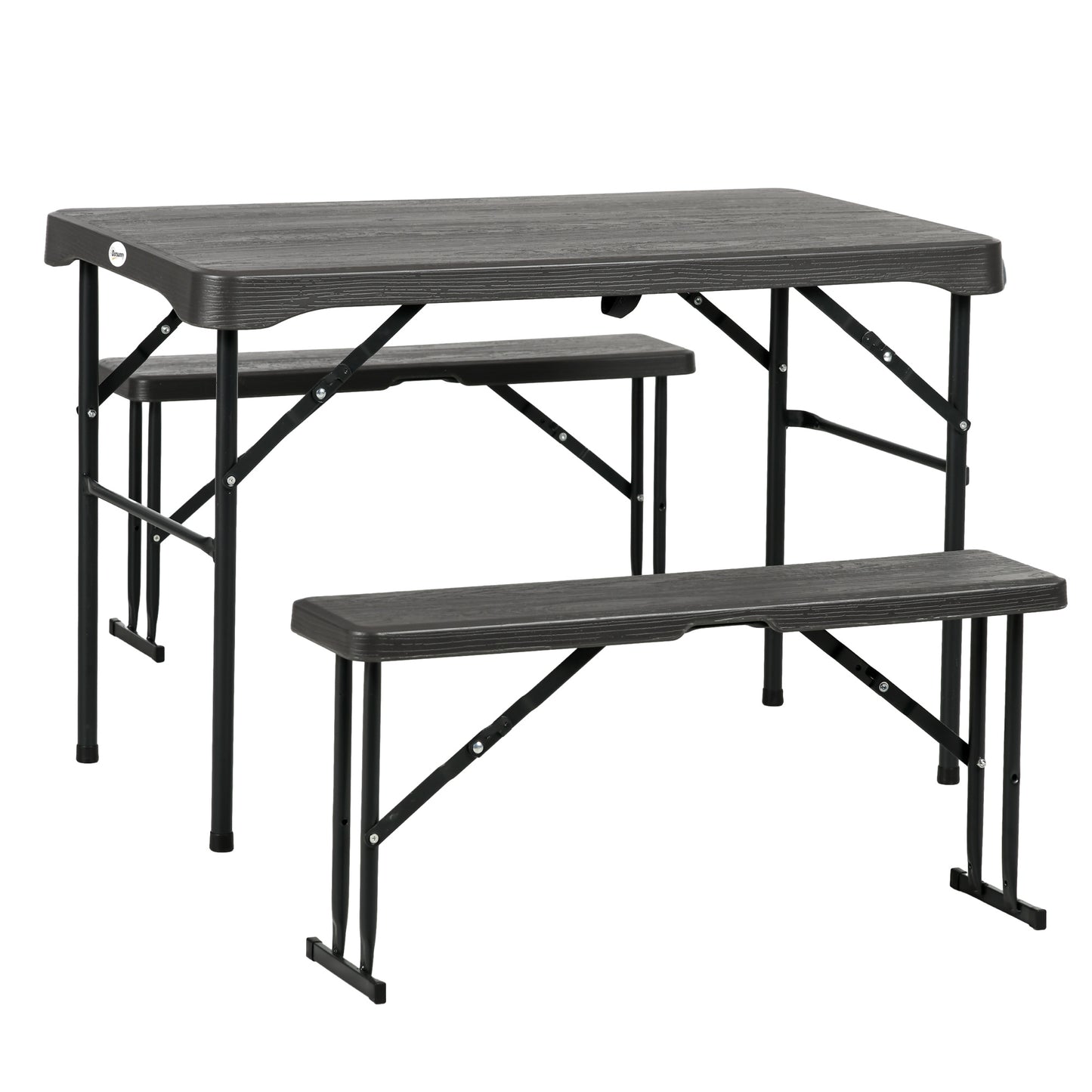 Photo of Outsunny Folding Picnic Table with 2 Benches, 3-Piece Portable Garden Furniture Set for 4, Dining Table Set with Plastic Top, Steel Frame, Dark Grey in Grey colour on a white background