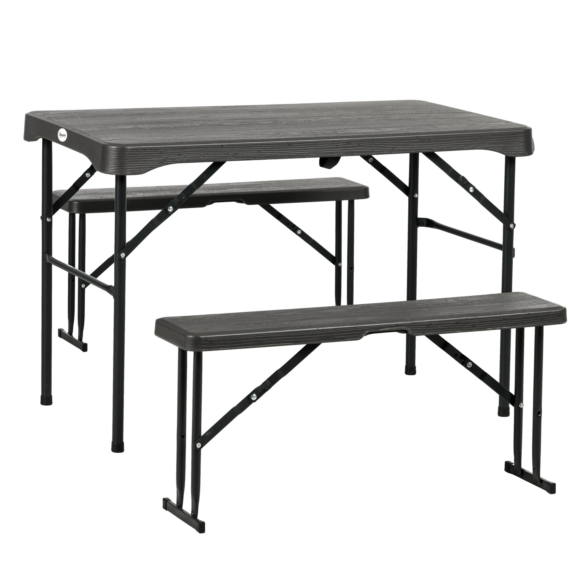 Photo of Outsunny Folding Picnic Table with 2 Benches, 3-Piece Portable Garden Furniture Set for 4, Dining Table Set with Plastic Top, Steel Frame, Dark Grey in Grey colour on a white background