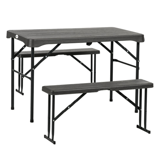 Photo of Outsunny Folding Picnic Table with 2 Benches, 3-Piece Portable Garden Furniture Set for 4, Dining Table Set with Plastic Top, Steel Frame, Dark Grey in Grey colour on a white background