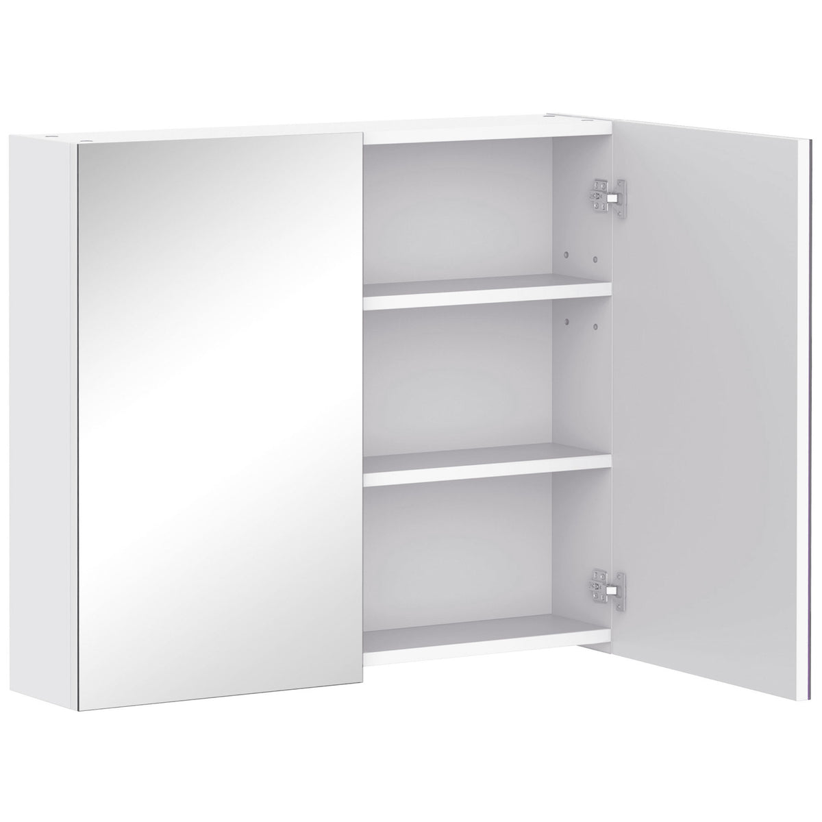 White bathroom mirror cabinet with two doors, three shelves and one door open