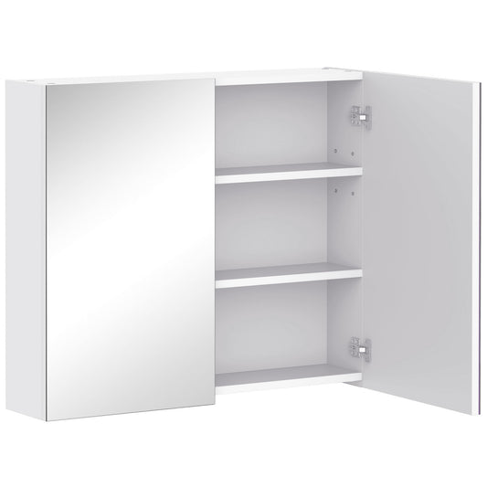 White bathroom mirror cabinet with two doors, three shelves and one door open