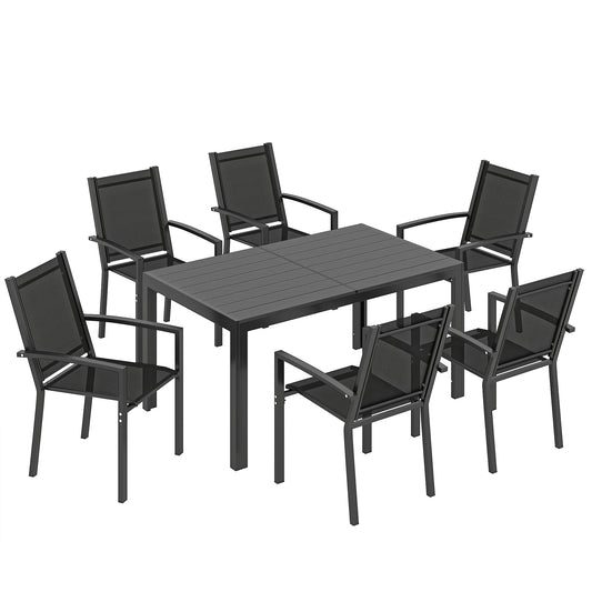 Photo of Outsunny Seven-Piece Garden Dining Set, with Plastic Wood-Top Table - Black in Black colour on a white background