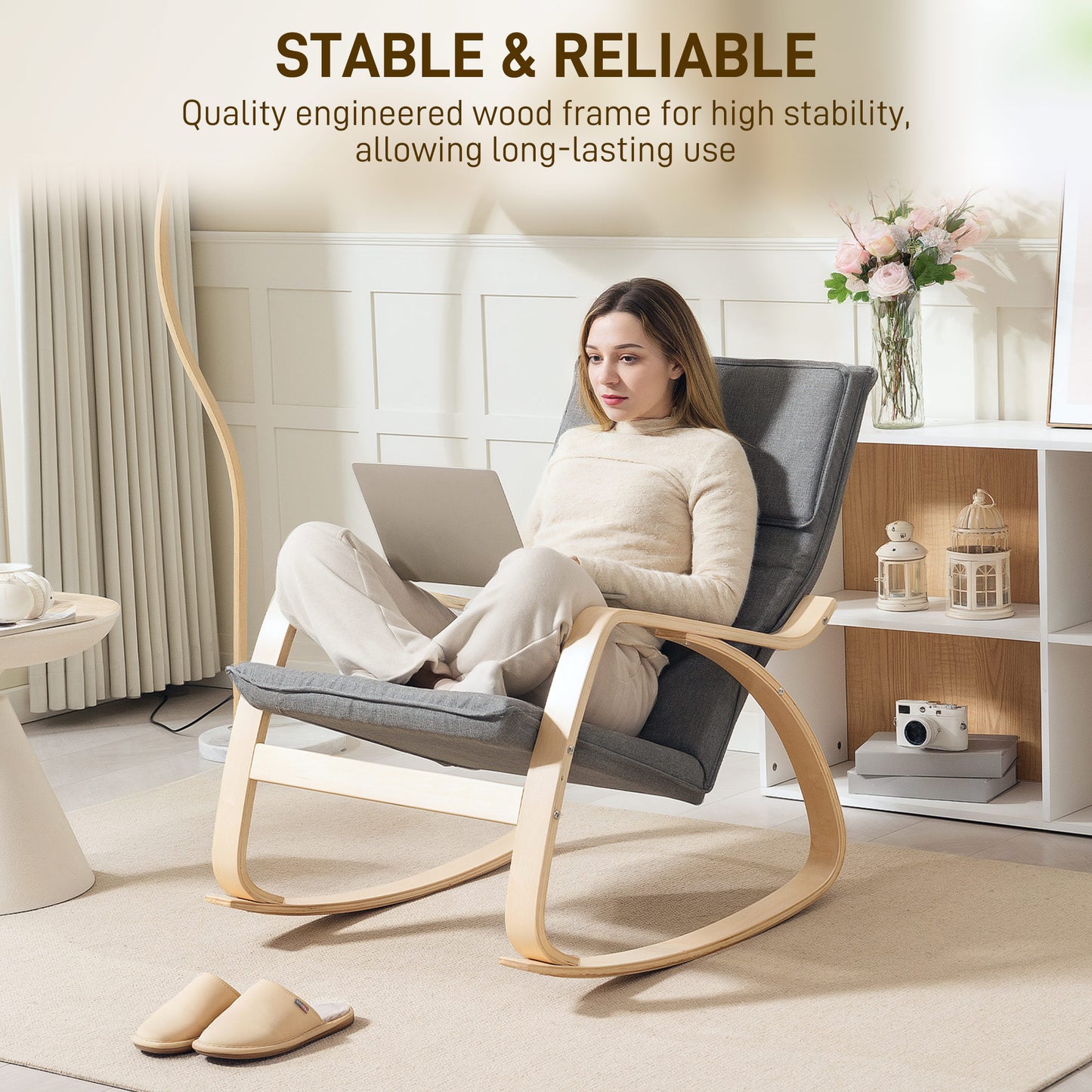 HOMCOM Comfortable Relax Rocking Chair, Upholstered Lounge Chair Recliner with High Back and Headrest for Living Room, Bedroom, Grey