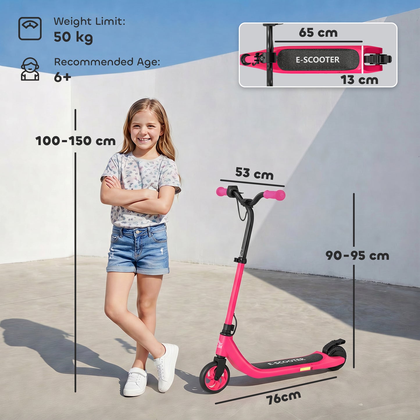 HOMCOM Electric Scooter for Kids 6+, Foldable E Scooter, Up to 8 KM/H, Maximum Range 6 KM, Adjustable Height, Pink