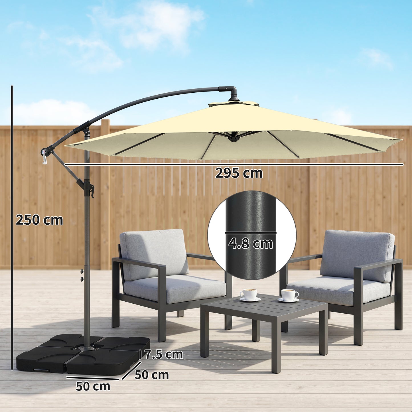 Outsunny 3m Overhanging Parasol, with Base, Weights and Cover - Sand brown