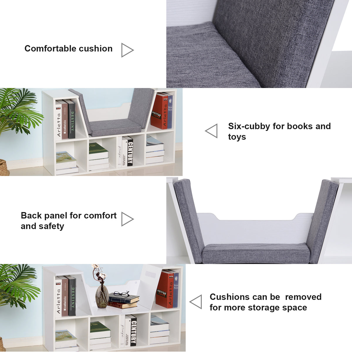 HOMCOM Bookcase Storage Shelf with Cushioned Reading Seat, Cube Bookshelf Organizer for Bedroom Living Room, White