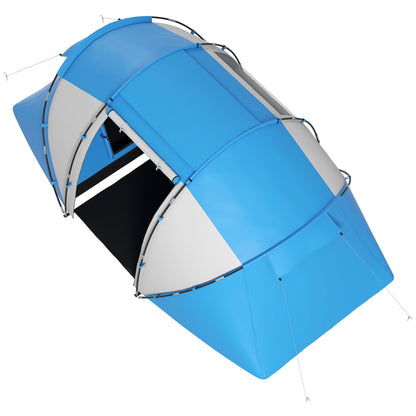 Blue and gray tunnel tent viewed from above, showing its arched roof