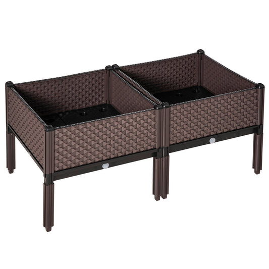 Photo of Outsunny Set of 2 Indoor/Outdoor Planter Boxes | Garden Raised Elevated Beds, Flowers Vegetables Fruits Herbs Container w/ Self-Watering Design Drainage Holes, Brown in Brown colour on a white background