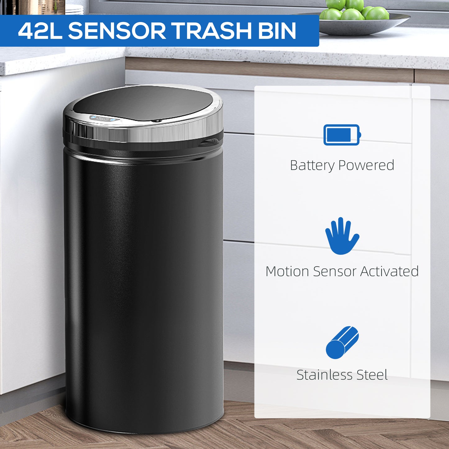 HOMCOM 42L Sensor Bin with Quiet Soft-Close Lid, Automatic Touchless Motion Sensor Rubbish Bin with Fingerprint Resistant, Stainless Steel for Hygienic Kitchen, Home Office Use, Black