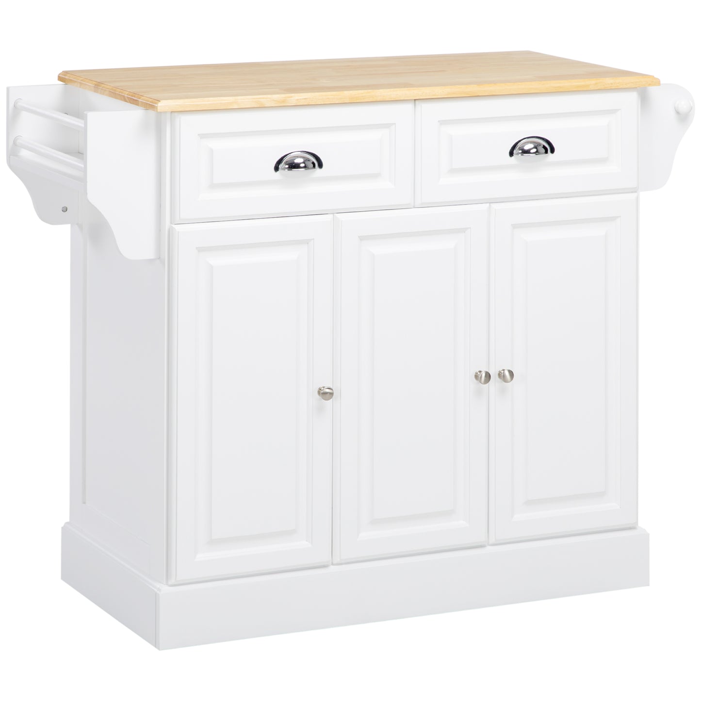 Photo of HOMCOM Kitchen Island with Storage Rolling Kitchen Serving Cart with Rubber Wood Top Towel Rack Storage Drawer Cabinet White in White colour on a white background