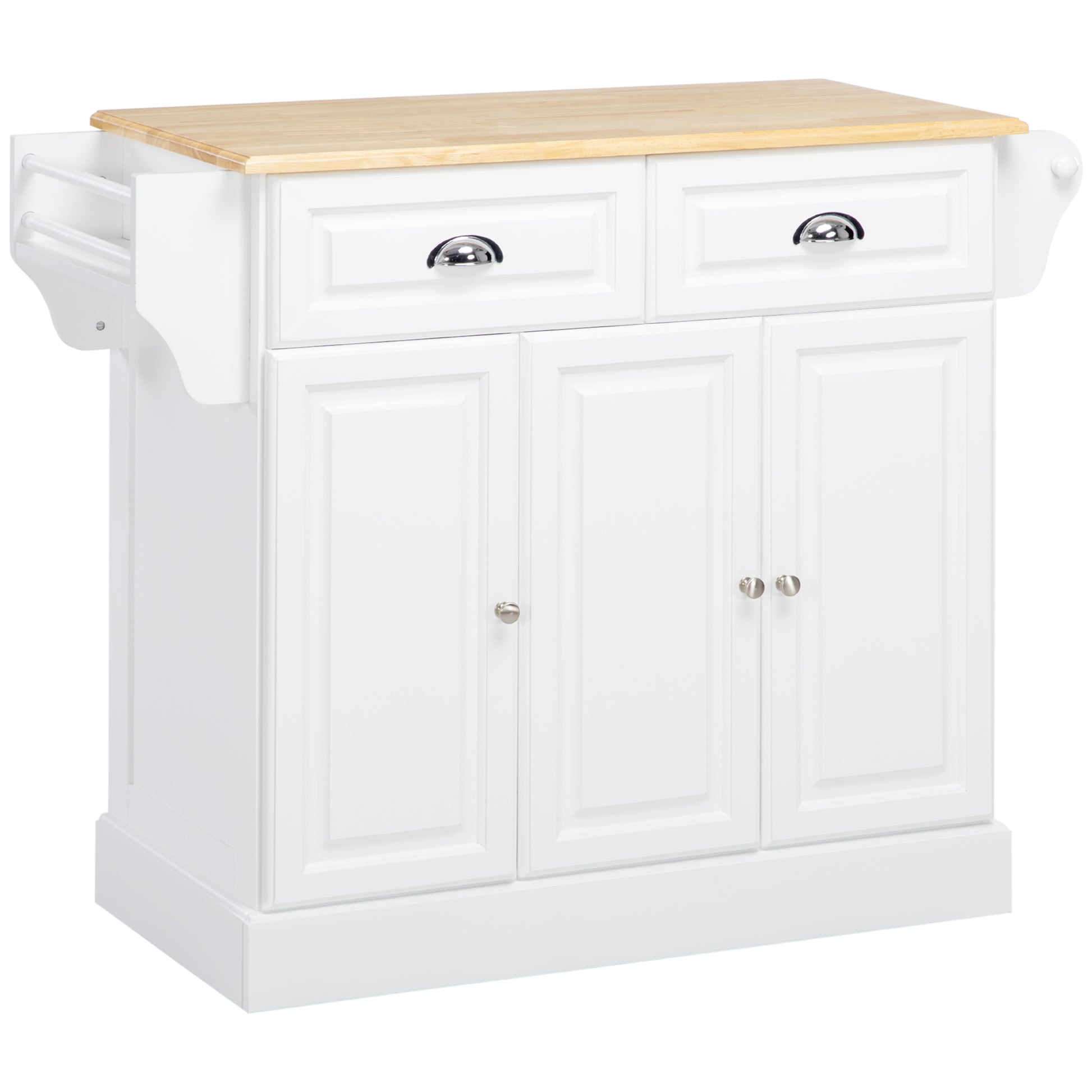 Photo of HOMCOM Kitchen Island with Storage Rolling Kitchen Serving Cart with Rubber Wood Top Towel Rack Storage Drawer Cabinet White in White colour on a white background