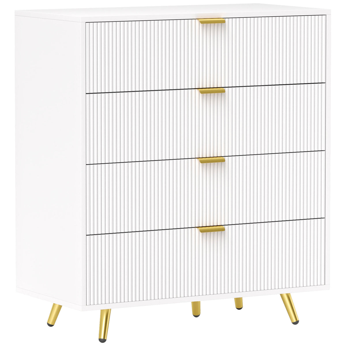 HOMCOM white four-drawer bedside table with fluted fronts and gold-tone handles and legs