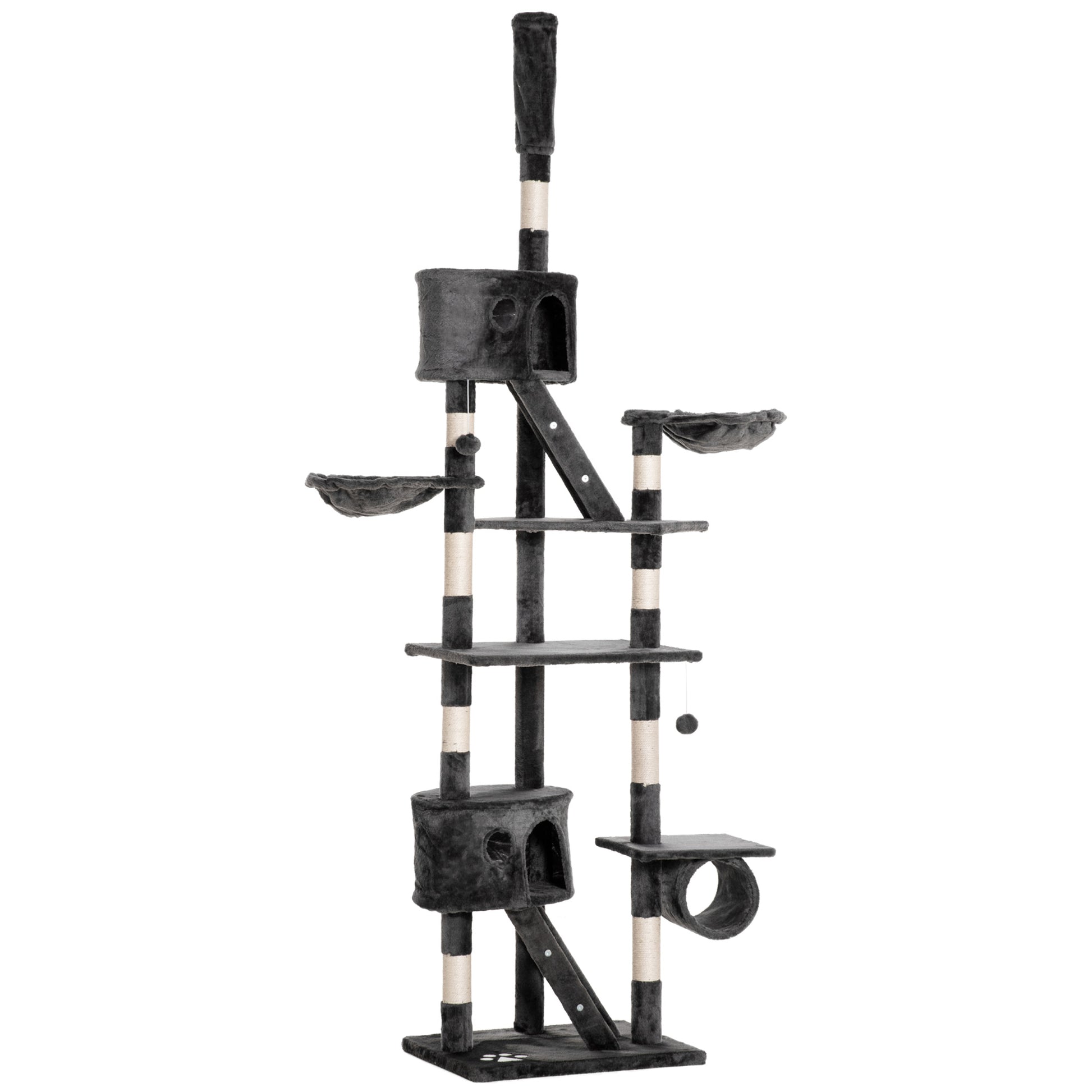 Photo of PawHut Floor-to-Ceiling Cat Tree for Indoor Cats, 240-260cm Adjustable Cat Tree - Dark Grey in Grey colour on a white background