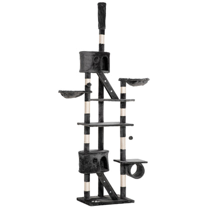 Dark gray adjustable cat tree with sisal-wrapped posts, two condos, platforms, baskets and a cat tube