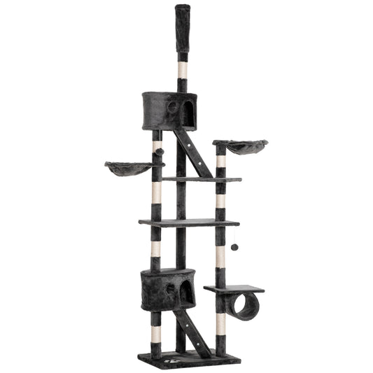 Photo of PawHut Floor-to-Ceiling Cat Tree for Indoor Cats, 240-260cm Adjustable Cat Tree - Dark Grey in Grey colour on a white background