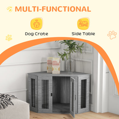 Grey corner dog crate side table with slatted panels and an open door