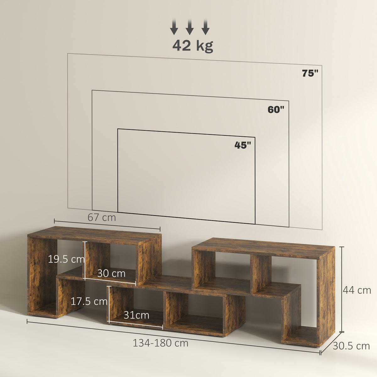 HOMCOM modular TV stand with three open blocks, shown with dimensions and weight capacity.