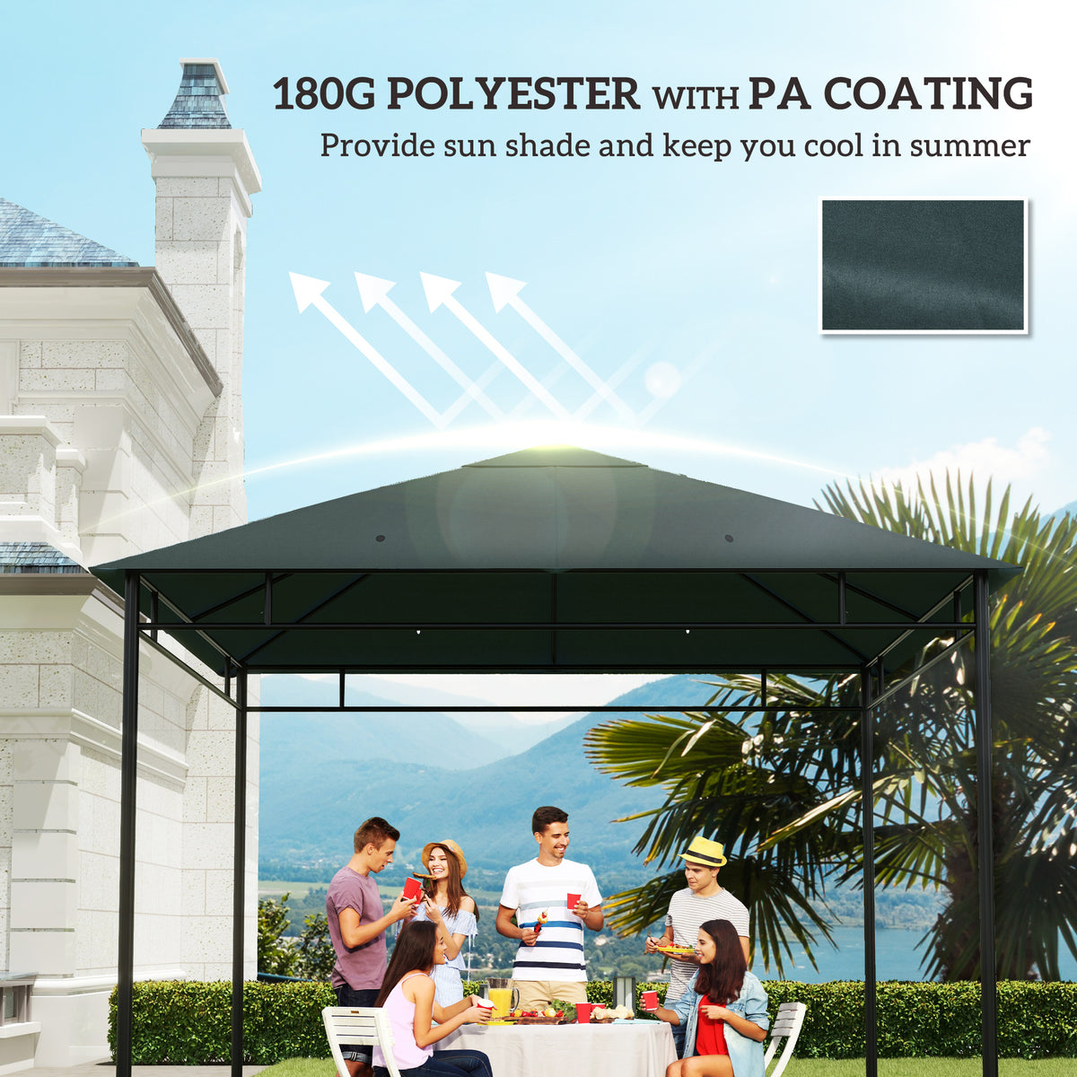 Gazebo canopy roof made of 180G polyester with PA coating.