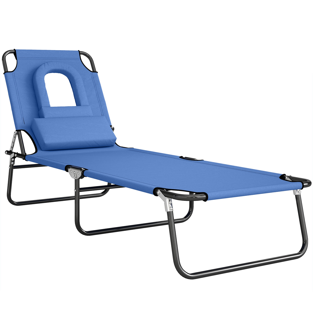 Photo of Outsunny Folding Sun Lounger with Face Hole, 4-Position Adjustable Backrest Garden Recliner Chair Sunbed, Outdoor Lounge Chair with 600 D Oxford Cloth Seat, Pillow for Beach, Blue in Blue colour on a white background