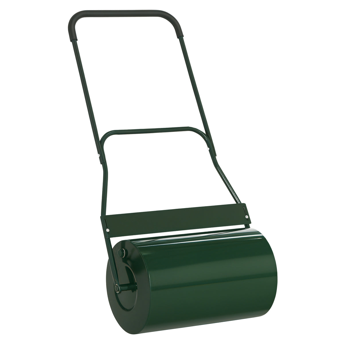 Dark green metal garden lawn roller with a push handle