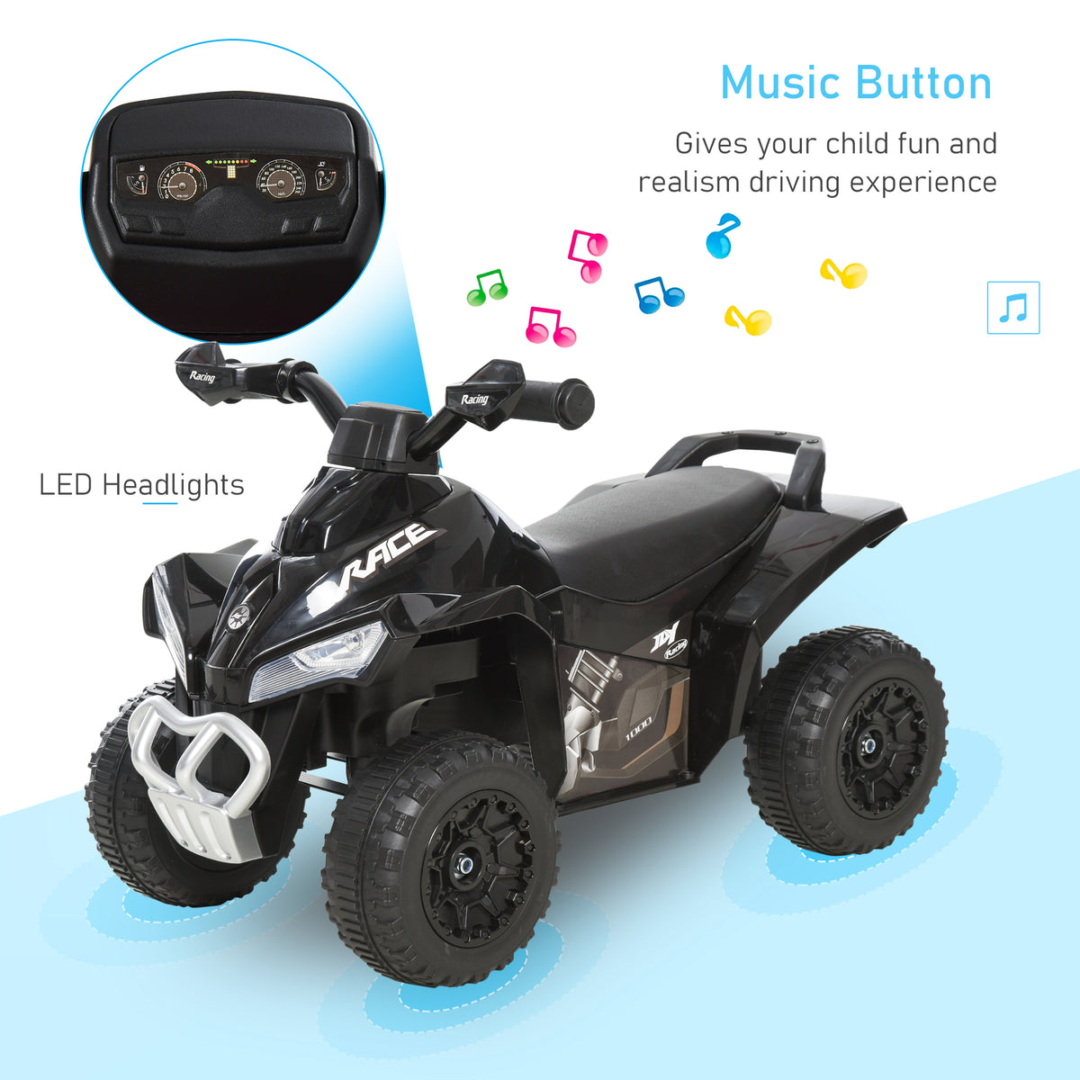 Black ride-on quad with music controls, LED headlights, and a padded seat.