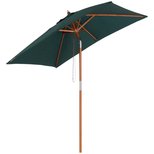 Photo of Outsunny 2m x 1.5m Garden Parasol Umbrella with Tilting Sunshade Canopy, Outdoor Market Table Umbrella with Wood and Bamboo Frame, Green in Green colour on a white background
