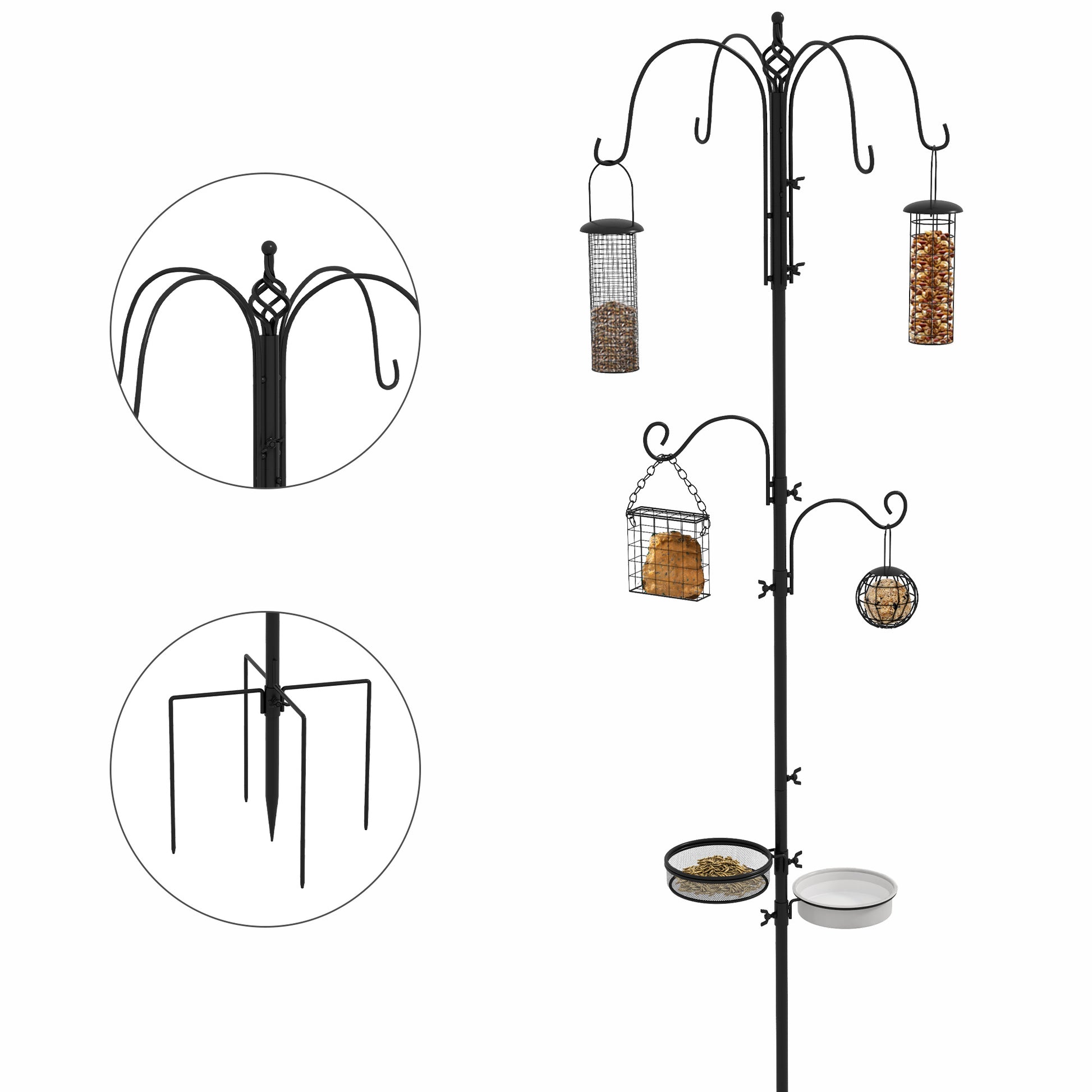 Photo of Pawhut Bird Feeding Station Kit, Wild Bird Feeder Pole with 6 Hooks, 4 Hanging Feeders for Peanuts, Seed, Fat Balls, for Garden, Outdoor, Black in Black colour on a white background
