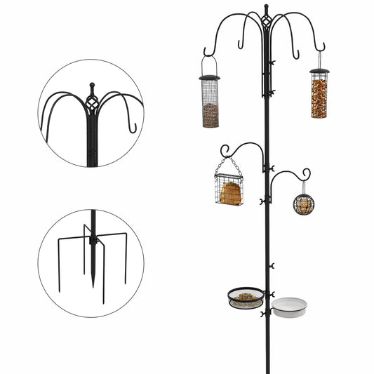 Photo of Pawhut Bird Feeding Station Kit, Wild Bird Feeder Pole with 6 Hooks, 4 Hanging Feeders for Peanuts, Seed, Fat Balls, for Garden, Outdoor, Black in Black colour on a white background