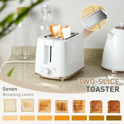 White two-slice toaster with raised bread slices and seven browning levels