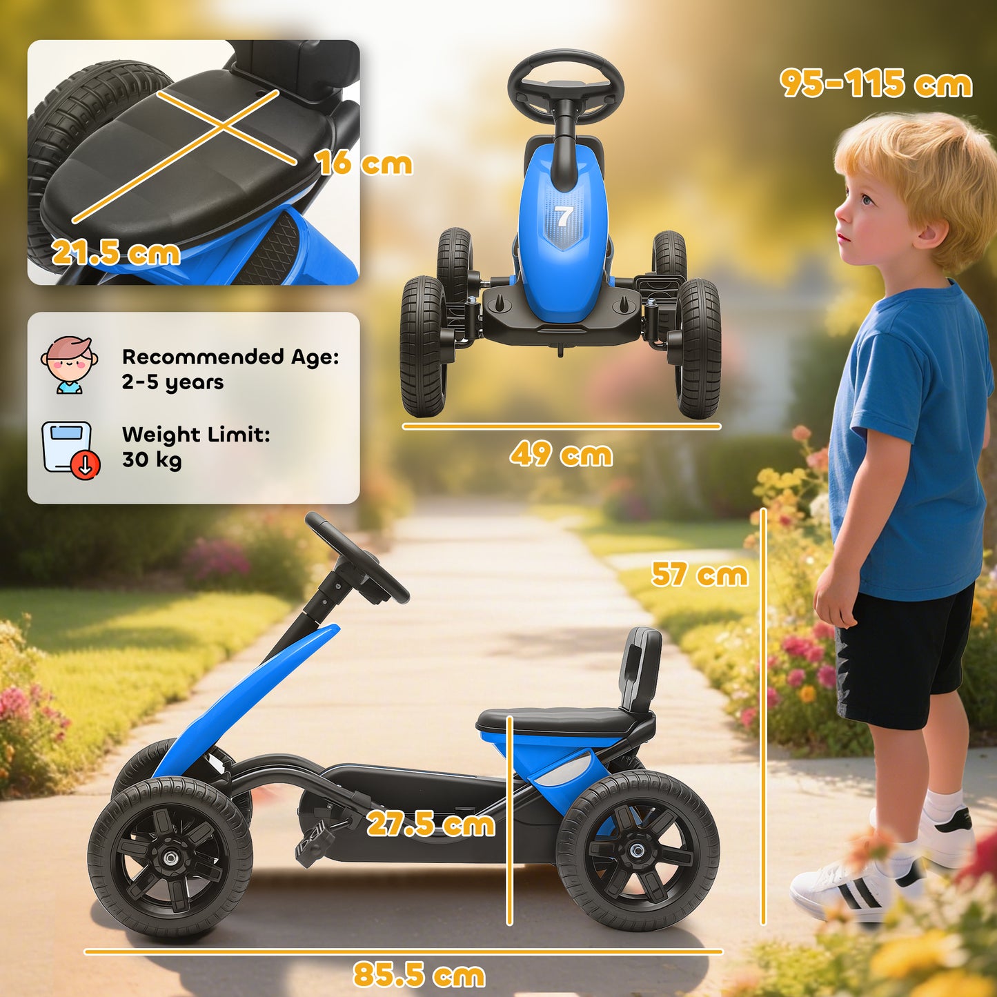 AIYAPLAY Pedal Go Kart for Kids 2-5 Years, with Silent EVA Wheels, Metal Frame, Blue
