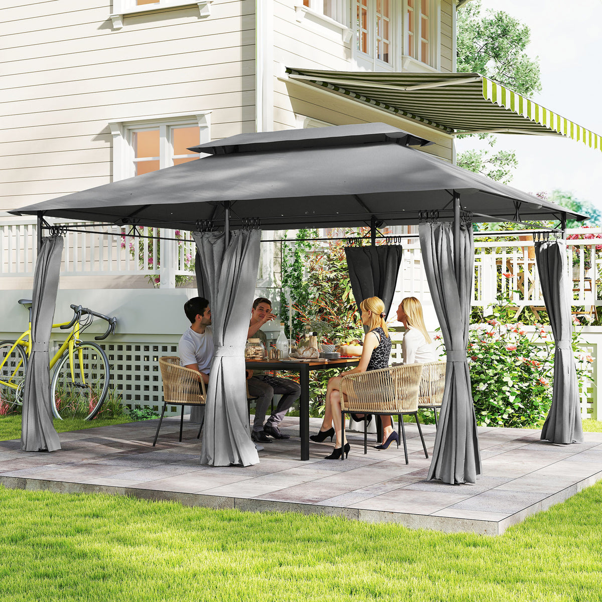 Outsunny gazebo with a dark grey two-tier canopy and tied-back curtains, shown set up for dining