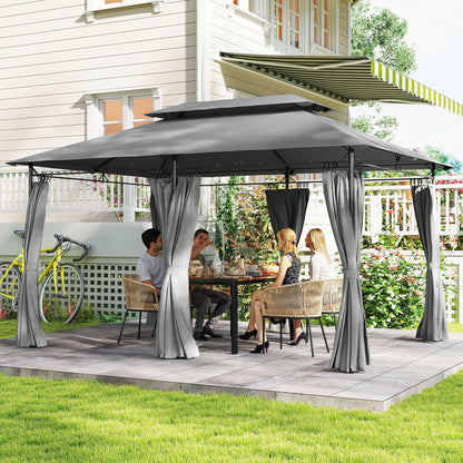 Outsunny gazebo with a dark grey two-tier canopy and tied-back curtains, shown set up for dining