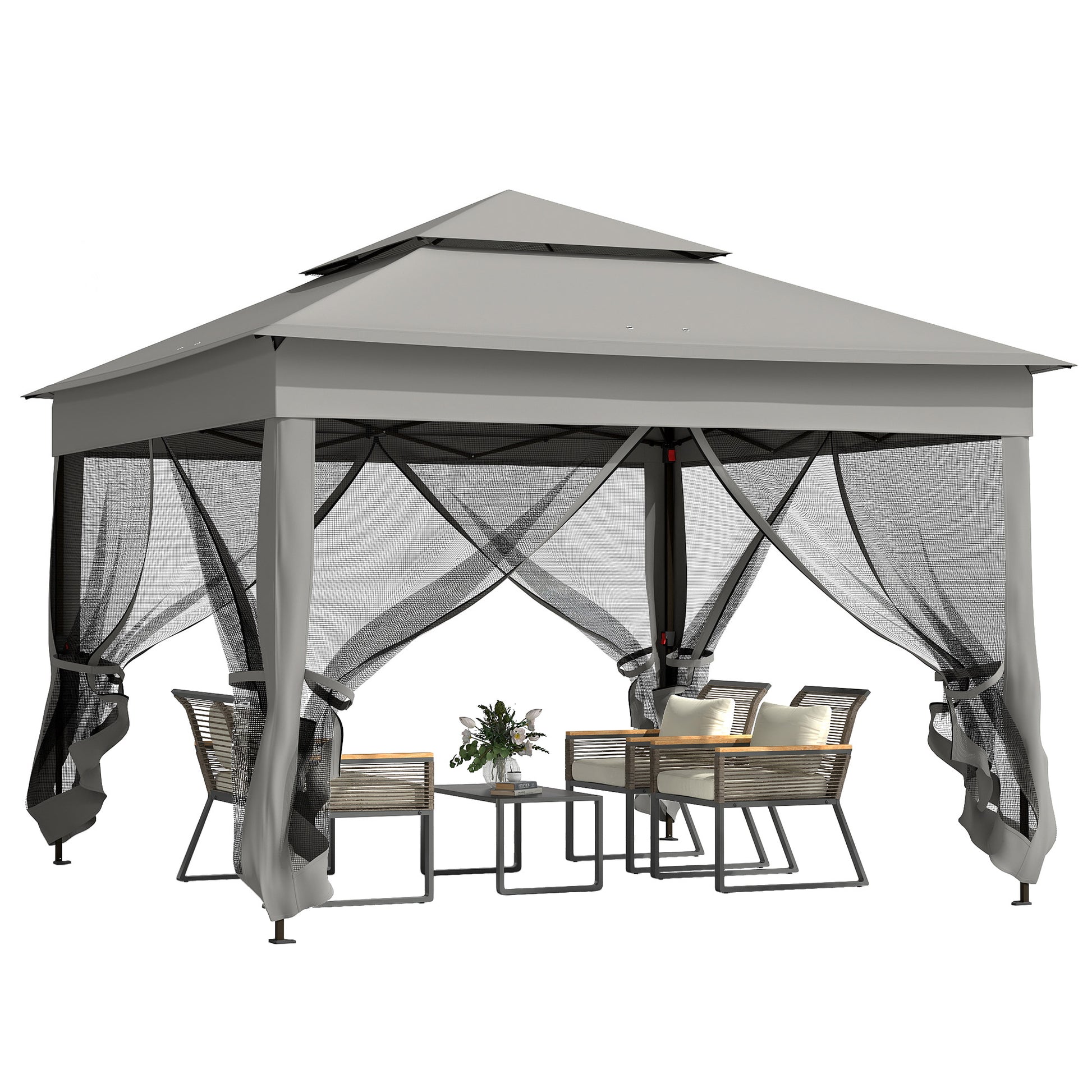Photo of Outsunny 3 x 3(m) Pop Up Gazebo, Double-roof Garden Tent with Netting and Carry Bag, Party Event Shelter for Outdoor Patio, Dark Grey in Grey colour on a white background