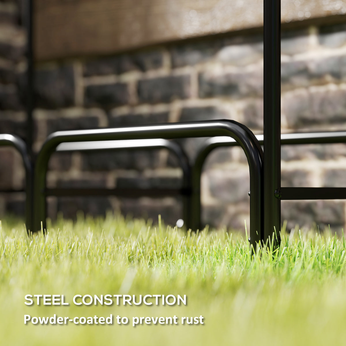 Close-up of the rack's black powder-coated steel frame