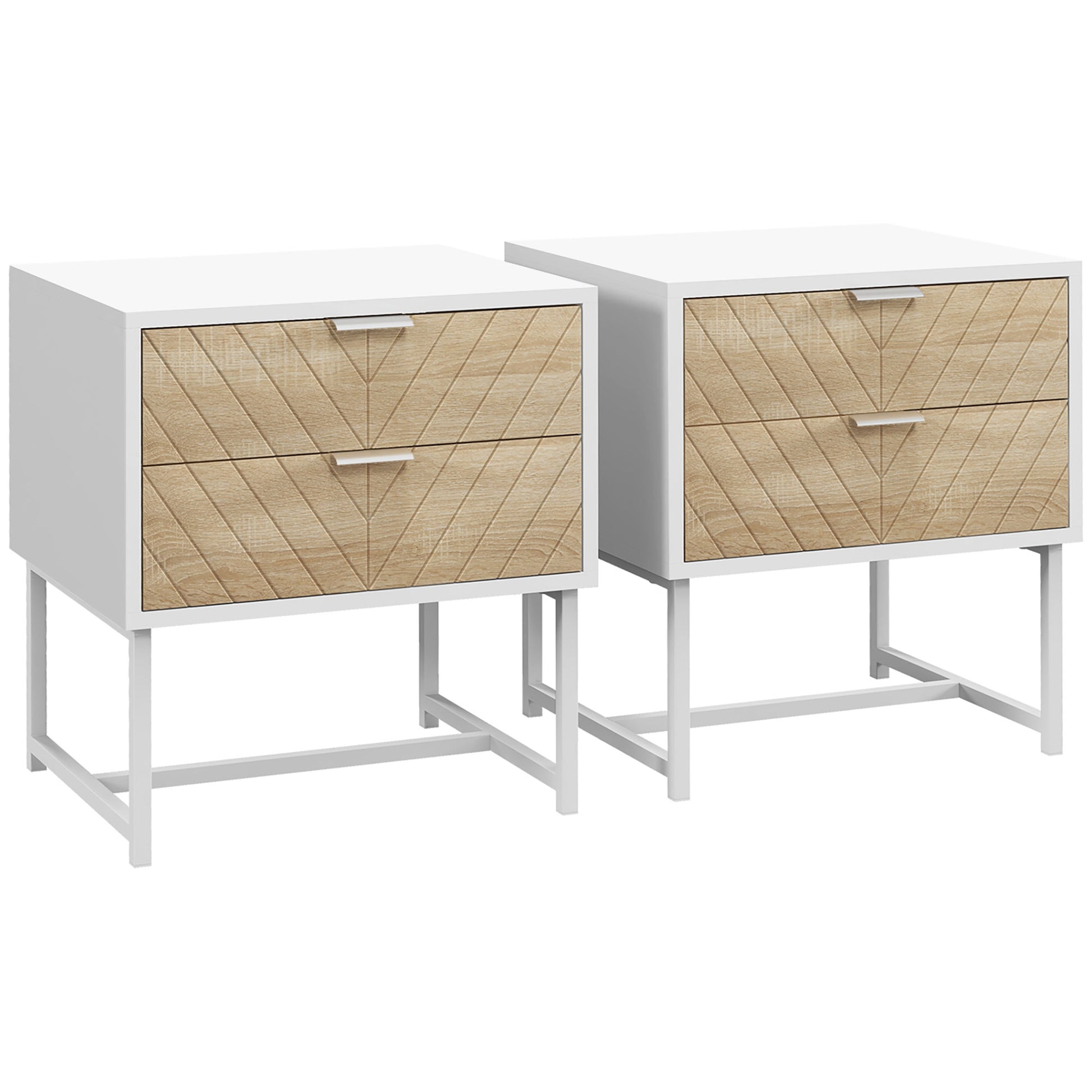 Photo of HOMCOM Modern Bedside Table with 2 Drawers and Metal Frame, Sofa Side Table for Bedroom Living Room, Set of 2, White and Oak in Oak colour on a white background