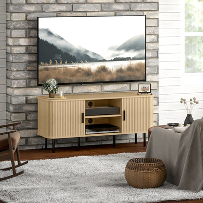 Oak-tone TV stand with slatted doors, central shelves and black legs beneath a television