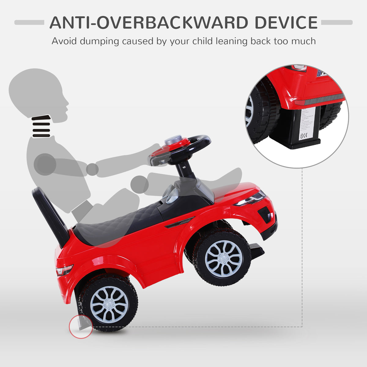 Red toddler ride-on car with rear anti-tip bar and wheels lifted to demonstrate stability