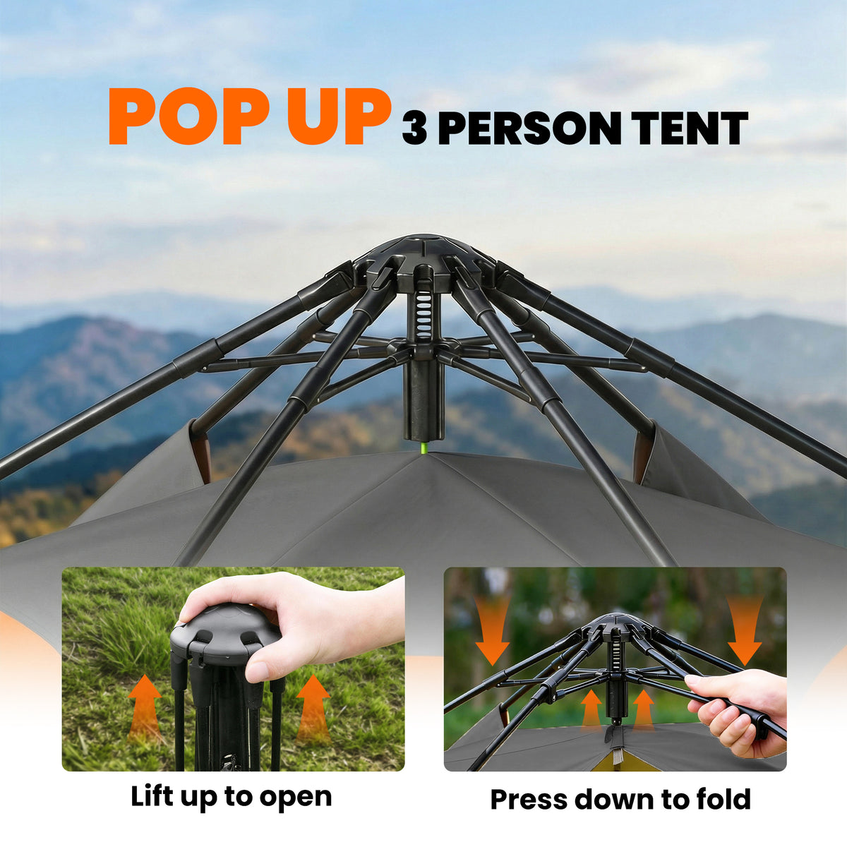 Outsunny 3 Man Instant Pop Up Tent with Rainfly, Portable Camping Shelter with Sewn-in Groundsheet, Carry Bag, Orange