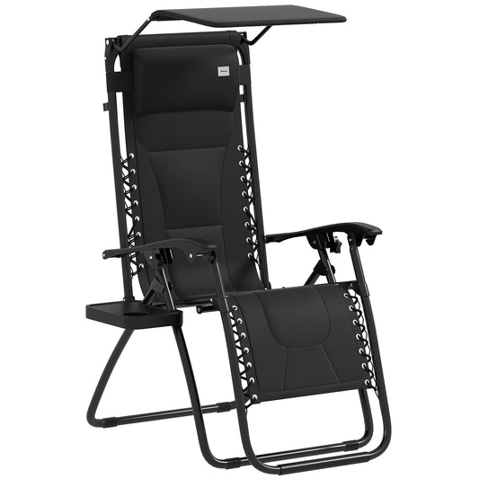 Photo of Outsunny Zero Gravity Lounger Chair, Folding Reclining Patio Chair with Shade Cover, Padded Seat, Cup Holder, Soft Cushion and Headrest for Poolside, Camping, Black in Black colour on a white background