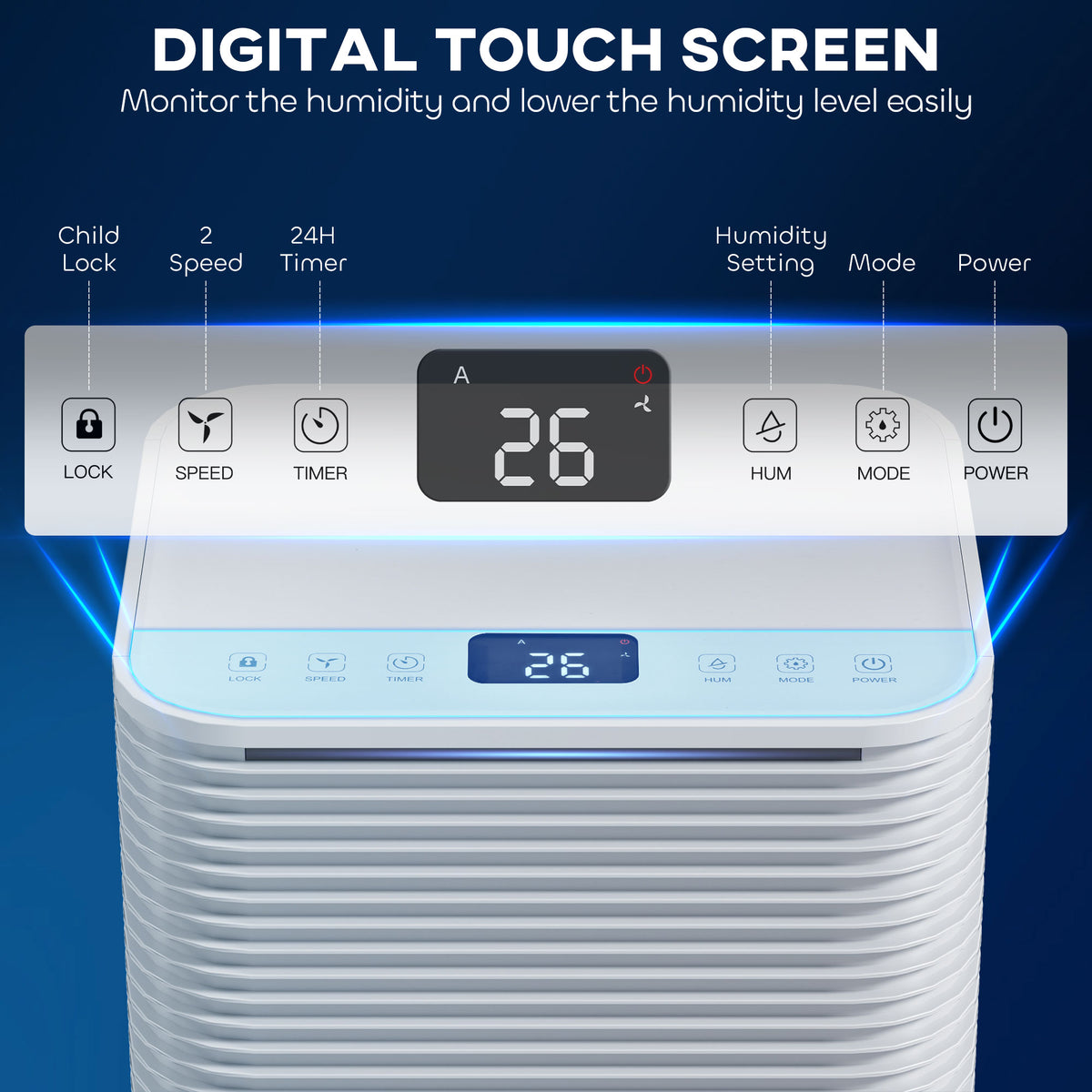 HOMCOM dehumidifier top panel with digital humidity display and touch controls