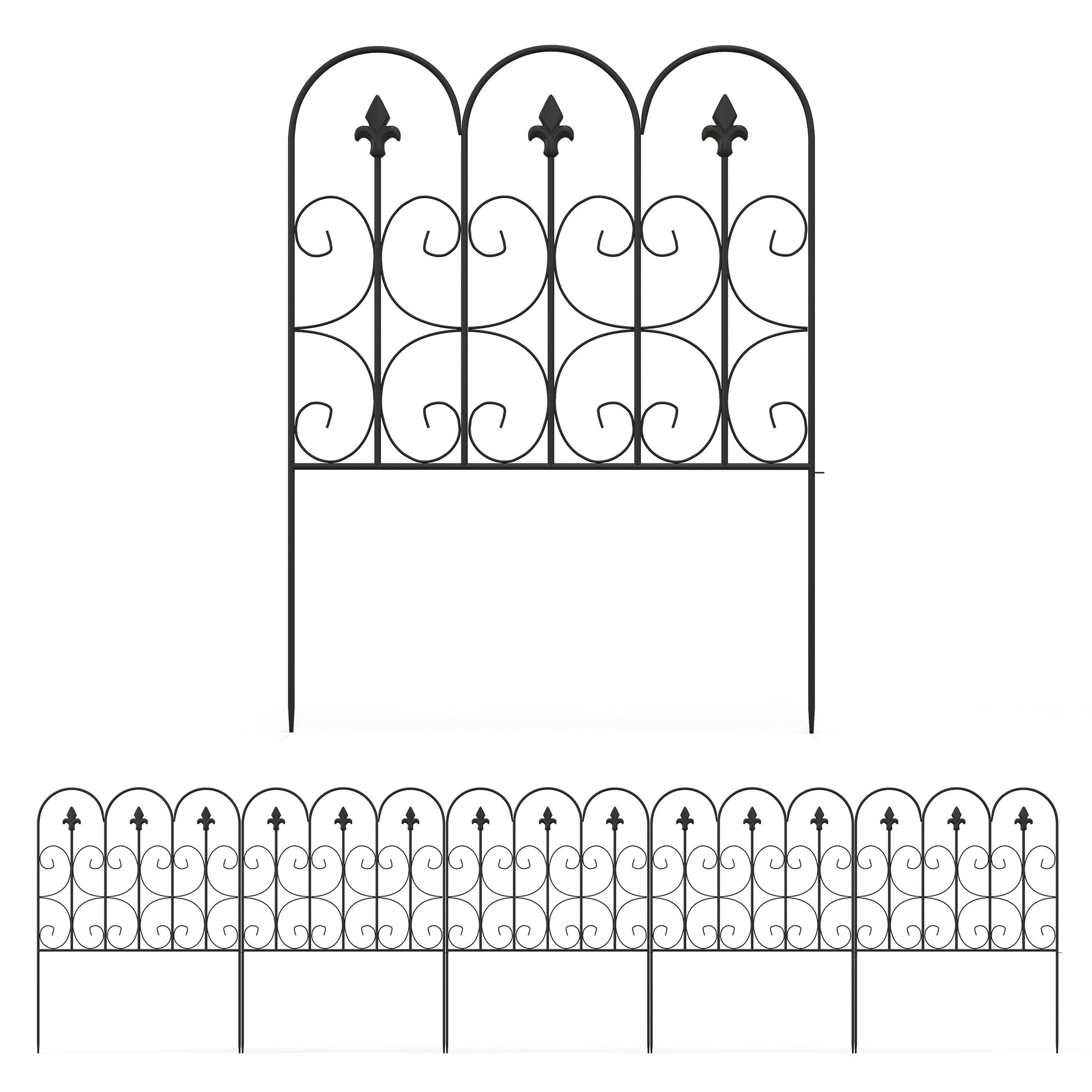 Photo of Outsunny Decorative Garden Fencing, 83cm (H) x 3m (L) 5PCs Outdoor Picket Fence Panels, Rustproof Metal Wire Landscape Flower Bed Border Edging Animal Barrier, Black in Black colour on a white background