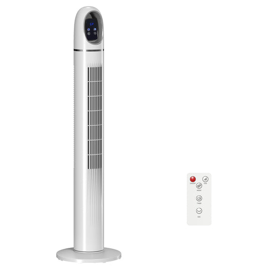 Photo of HOMCOM Tower Fan for Bedroom, Standing Floor Fan with Oscillating, 3 Modes, 3 Speeds, 24 Hour Timer, White in White colour on a white background